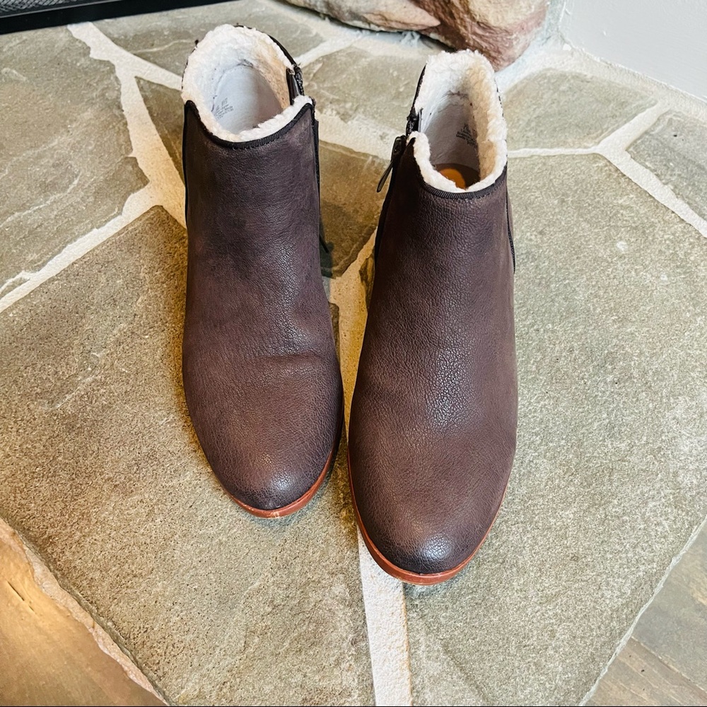 SAM EDELMAN Brown Leather Ankle Boots with Faux Fur Trim Size 7.5